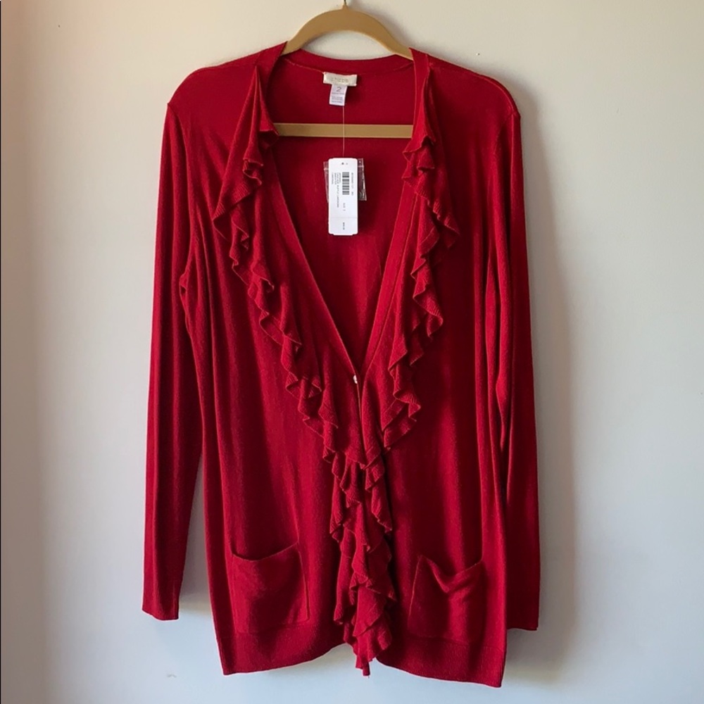 Striking Chico’s Red Ruffle Cardigan Size 2 NWT